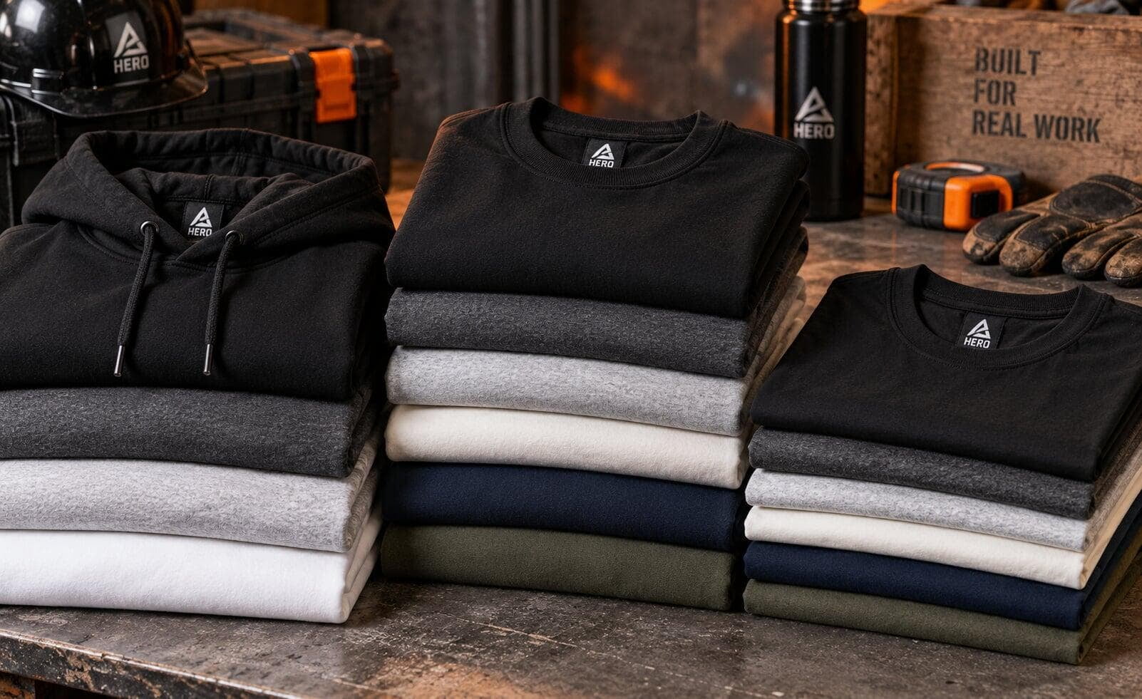 Collection de vêtements HERO pliés en noir, gris, blanc, marine et olive
