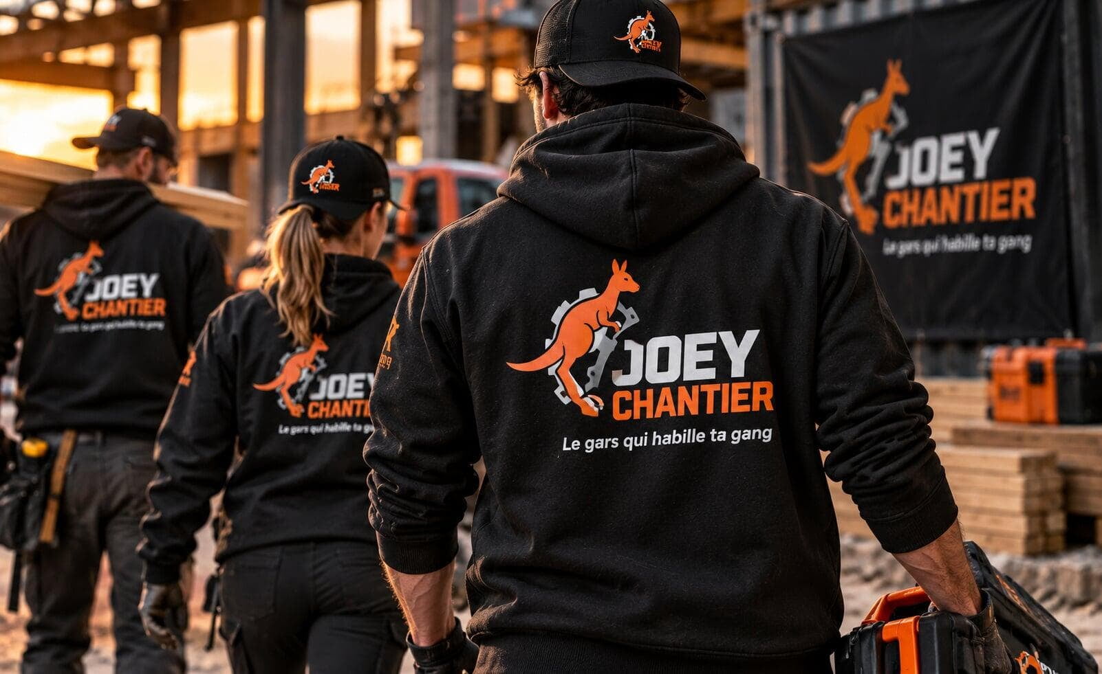 Équipe de travailleurs portant les vêtements personnalisés JOEY Chantier