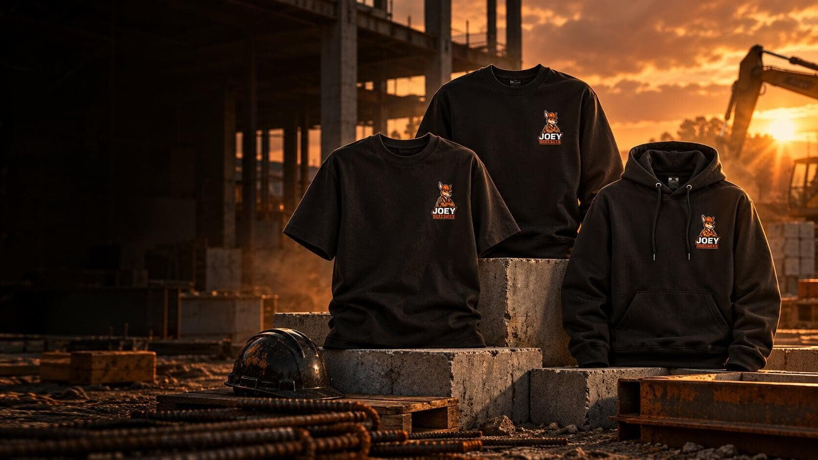 T-shirt, crewneck et hoodie JOEY Chantier dans une ambiance de chantier au coucher du soleil