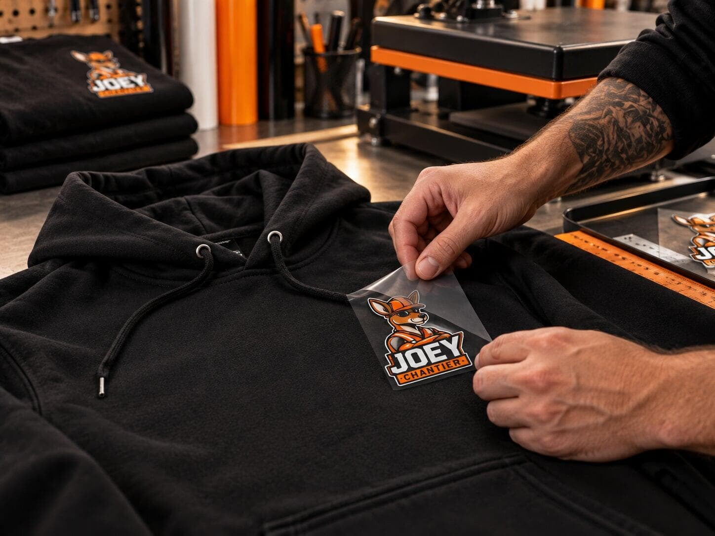 Personnalisation d'un hoodie noir JOEY Chantier avec transfert DTF dans un atelier