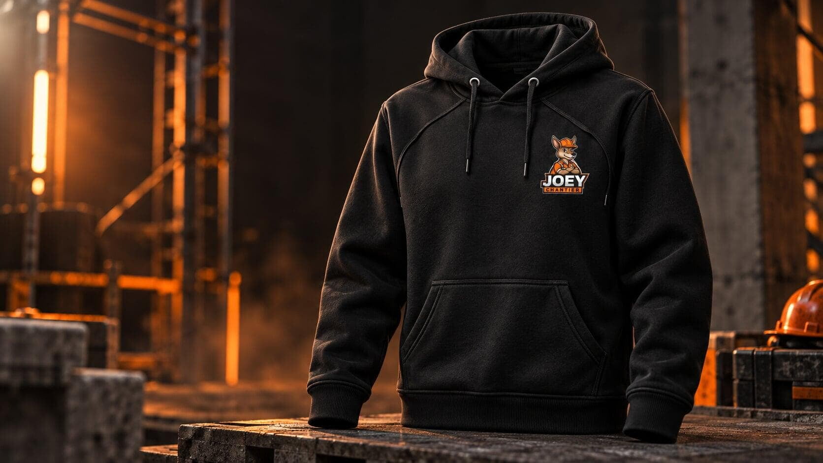 Hoodie noir JOEY Chantier dans une ambiance industrielle mettant en valeur le tissu et les finitions